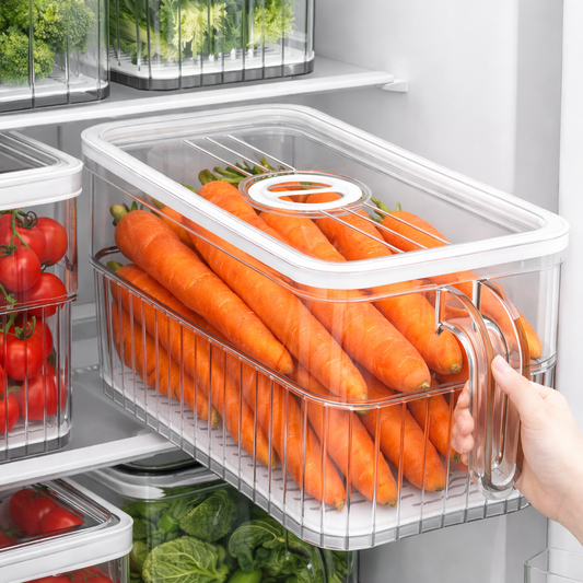 zanevi®Food-Grade Refrigerator Storage Box – Freshness Organizer for Vegetables, Fruits & Freezer with Lid & Handles